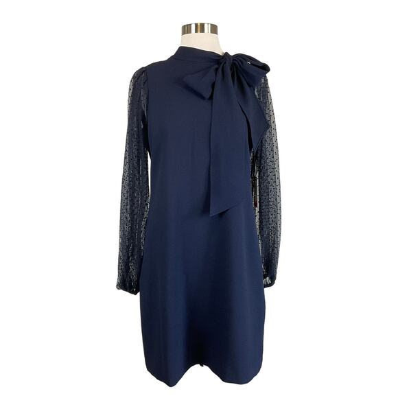 Vince Camuto Women's Cocktail Dress Size 8 Blue Sheer Dot Long Sleeved Shift - Picture 1 of 13